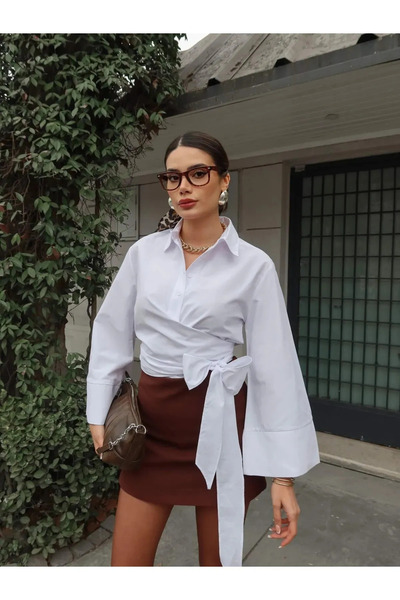 GOOD&DESS Дамска бяла риза с испански ръкав и колан с вратовръзка