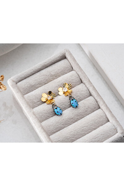 Papatya Silver 925 Ayar Gümüş Gold Renk Yonca Küpe Uğur Böceği Sallantılı