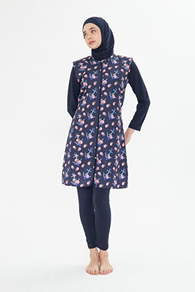 Fantasy Tam Kapalı Yelekli Desenli Paraşüt Kumaş Tesettür Mayo Lacivert 3474-L
