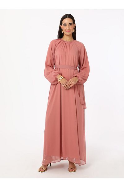 Refka Φόρεμα Hijab Chiffon με λεπτομέρεια δεσίματος - Dusty Rose- Refka