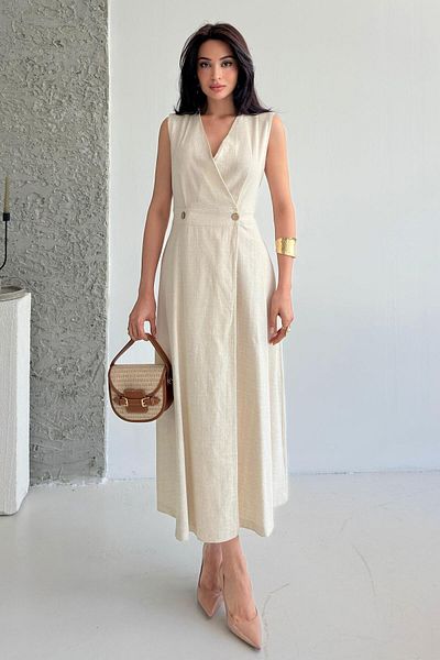 Serica Moda Stone Double Breasted Cut Sleeveless Long Linen Dress