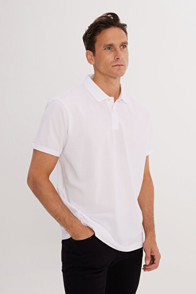 AC&Co / Altınyıldız Classics Erkek Beyaz Pamuklu Slim Fit Dar Kesim Polo Yaka Tişört