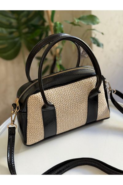 ZEYS Leather Women's Hand and Shoulder Bag with Canvas Detail