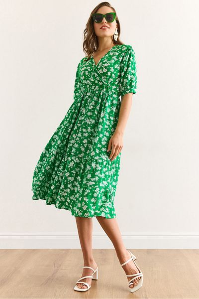 Olalook Women's Green White Elastic Waist Double Breasted Collar Woven Viscose Dress Elb-19002440