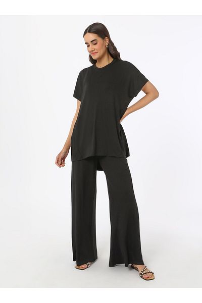 Refka Viscose Relaxed Fit Tunic & Trousers Double Set - Black - Refka