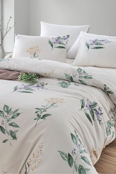Eponj Home Σετ Παπλωματοθήκη Διπλό Βαμβακερό 4 τεμαχίων – Μοτίβο Azalea – Κρεμ-Πράσινο / Μαλακή υφή