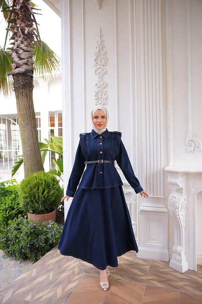 CNG MODA Denim Gold Button Detailed Denim Skirt Suit