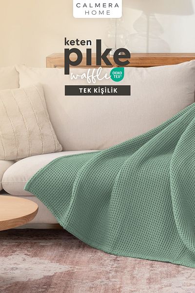 Calmera Linen Single Waffle Pike |   Bed & Sofa Cover - Shawl |   Premium Cotton - Summer |   Green