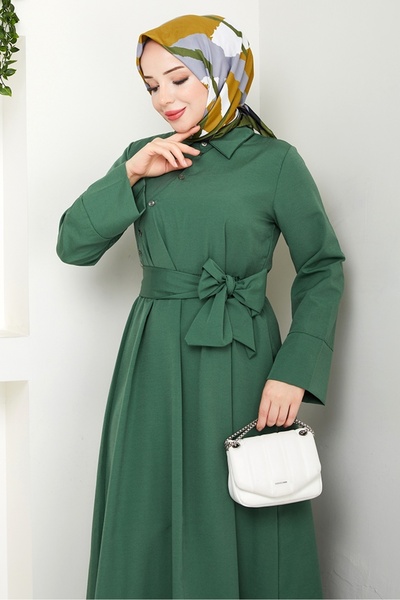 Bestenur Φόρεμα Seliz με πλαϊνά κουμπιά 1528 - Χακί