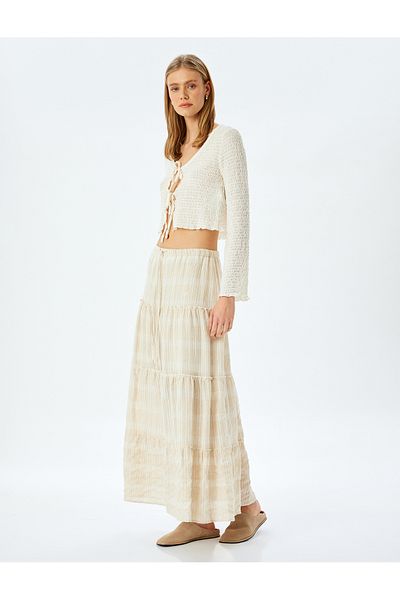 Koton Linen blend layered textured lining high rise midi skirt.
