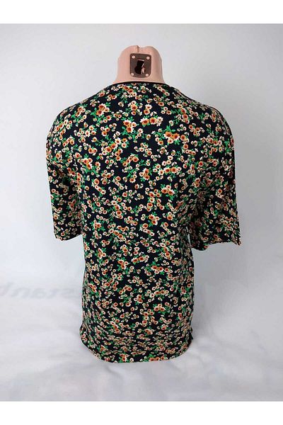 YAŞAR TRİKO Women's Black Green Orange U-Neck Short Sleeve Patterned Slit Woven Viscose Mother Combed Cotton T-Shirt