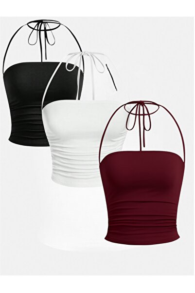 poswicon Siyah Beyaz Bordo Üçlü Plis Halter Bagcikli Yaka Kolsuz Tank Üst Crop