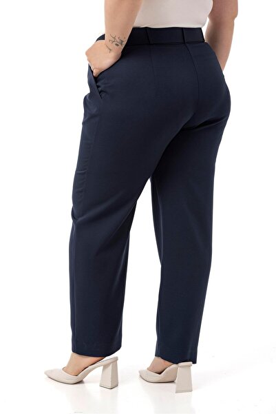 DISENTIS MODEST Plus Size Navy Blue Trousers with Pleated Front Pockets and Belt