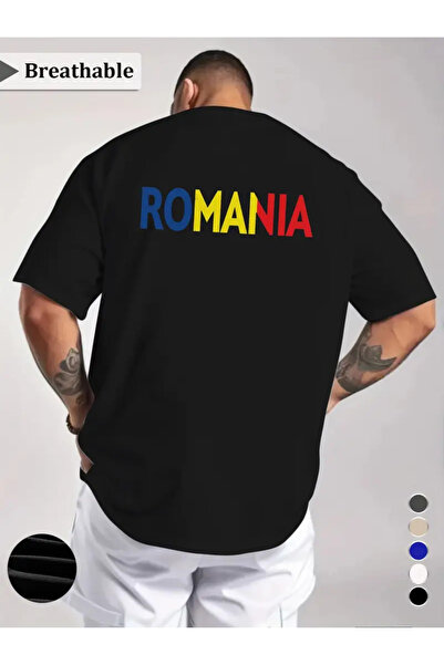 AEMİ Unisex Romania μπλουζάκι με στάμπα με υπερμεγέθη λαιμόκοψη