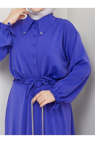 Monchoix Women's Sleeve and Waist Drawstring Collar Star Detailed Shirt Skirt Double Set