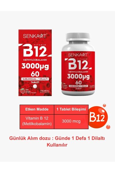senkavit Vitamin B12 3000 mcg Dil Altı (Sublingual) Çilek Aromalı Takviye Edici Gıda 60 Tablet
