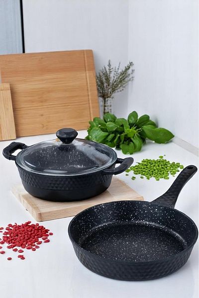 COOKCASE Cast Iron Granite Bowl & Pan Set 3 Pieces
