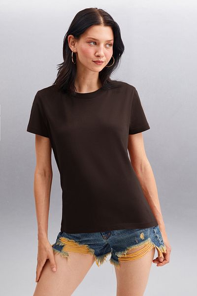GRIMELANGE Samantha Women's 100% Organic Cotton Comfort Fit Back Long Basic Knitted Dark Brown T-Shirt