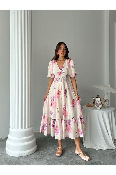 Ayinsu Floral Pattern Balloon Sleeve V Neck Midi Dress