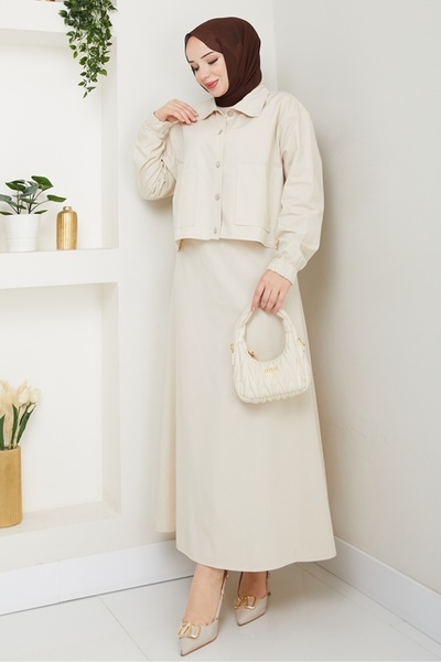 Bestenur Cerza Jacket Skirt Double Suit 1534 - Beige