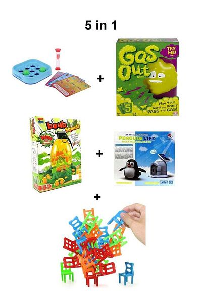 BabyCara 5 in 1 Toys Balance Stack Chair - Blow Ball - Gas Out - Bomb Squad - Penguin Life