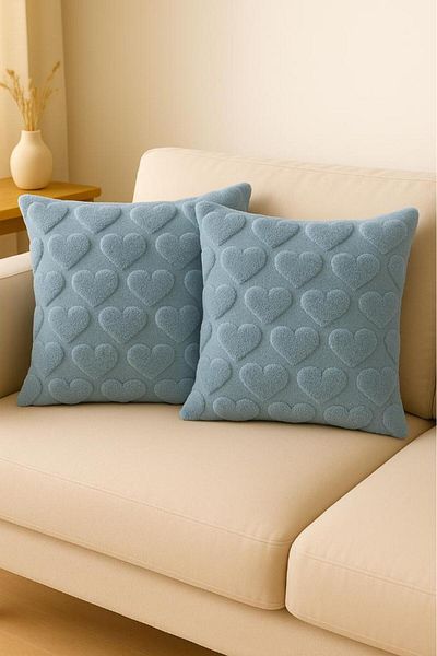 Miabella Home Pachet 2 Huse de pernă de pluș cu model inimă 45x45 cm |   Față de pernă decorativă cu fermoar