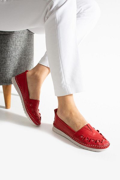 diclepolat Women's Genuine Leather Orthopedic Ballerina Casual Shoes Helly Red