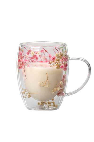 ECARLA Mug with dried gypsophila flowers, double walls, borosilicate glass, 300 ml, SZK78