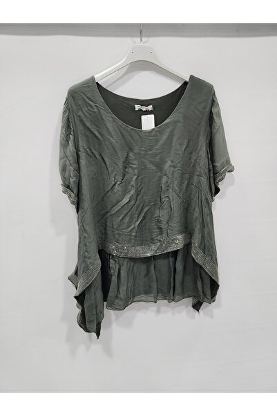 della moor Khaki Italian Sequined Short Sleeve Silk Blend Blouse