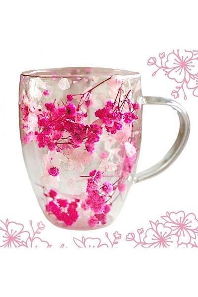 ECARLA Mug with dried pink gypsophila flowers, double walls, borosilicate glass, 300 ml, SZK149