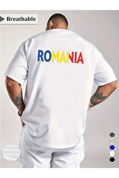 AEMİ Unisex Romania μπλουζάκι με στάμπα με υπερμεγέθη λαιμόκοψη