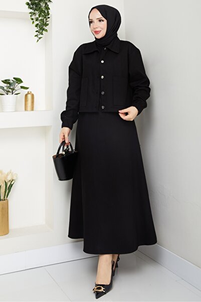 Bestenur Cerza Jacket Skirt Double Set 1534 - Black