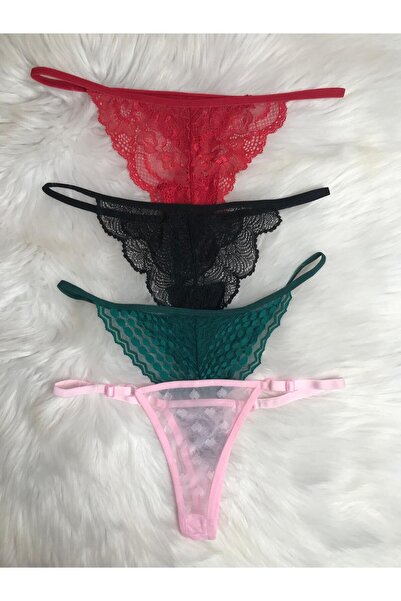 Masal Lingerie Women's Thong Panties 4-Pack (Red-Black-Green-Pink)