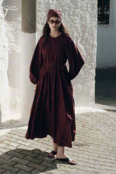 Hooopstore Φόρεμα με ραβδώσεις βαμβακερό Voile μπορντό