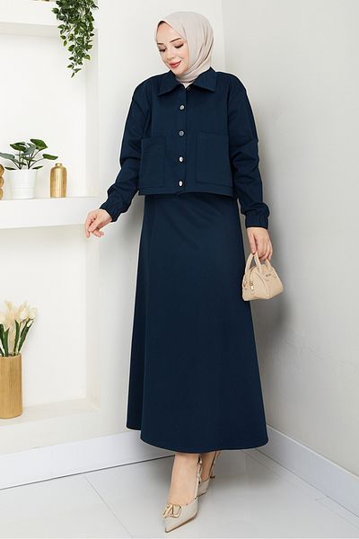 Bestenur Cerza Jacket Skirt Double Suit 1534 - Navy Blue