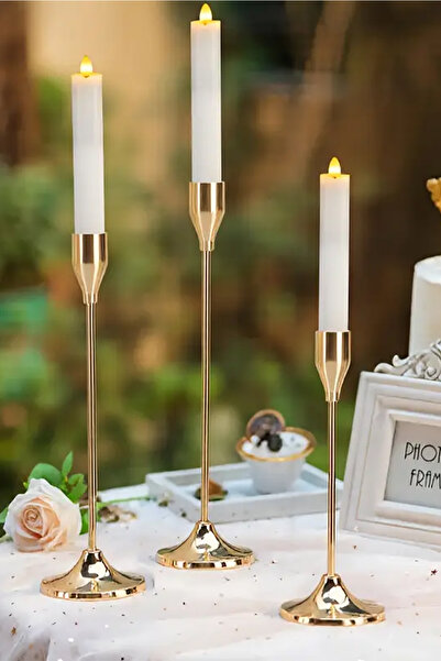 TR Turan Collection YAREN 3'lü Şamdan Seti Gold Kaplama Dekoratif Zarif Metal Mumluk