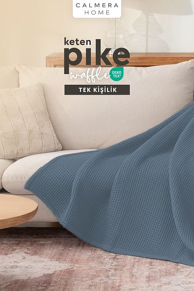 Calmera Linen Single Waffle Pike |   Bed & Sofa Cover - Shawl |   Premium Cotton - Summer |   Blue