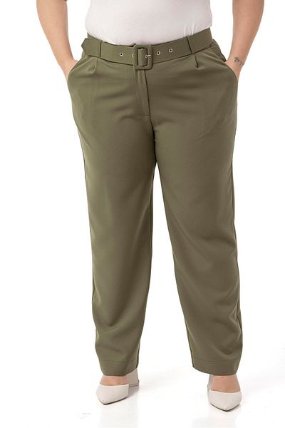 DISENTIS MODEST Plus Size Khaki Trousers with Pleated Front Pockets and Belt