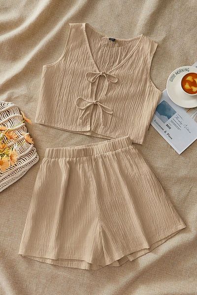 Know Women's Beige Ribbed Shorts Tie-Up Suit