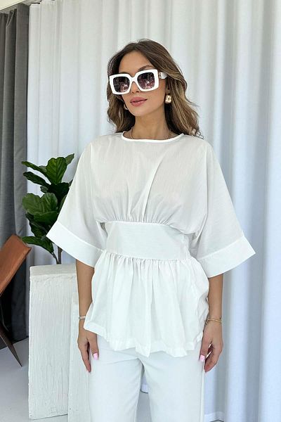 Mine Tan Butik Γυναικεία Μπλούζα με λεπτομέρεια στη μέση - Λευκή