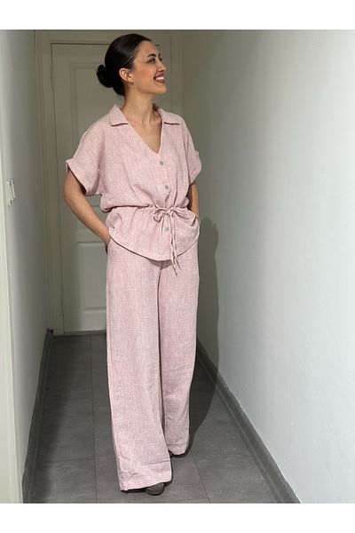 soBasic Beli Gather Detailed Short Sleeve Linen Bottom Top Set