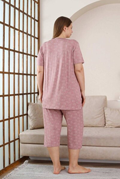 ALİMER Women's Dusty Rose V-Neck Lace Detail Viscose 3 Button Short Sleeve Summer Plus Size Capri Pajamas