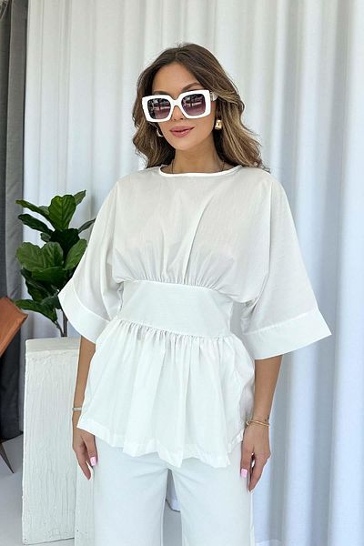 Mine Tan Butik Γυναικεία Μπλούζα με λεπτομέρεια στη μέση - Λευκή