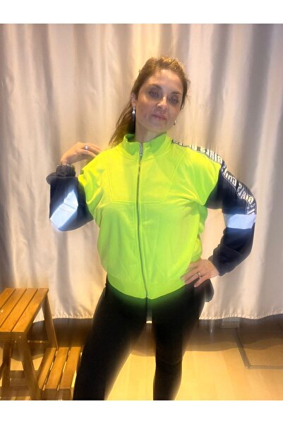 SED4NINBUTİK KADIN FISTIK YEŞİLİ FERMUARLI REFLEKTÖR DETAY UZUN KOLLU İNCE SWEAT