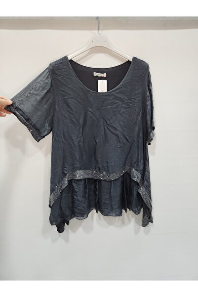 della moor Anthracite Italian Sequined Short Sleeve Silk Blend Blouse