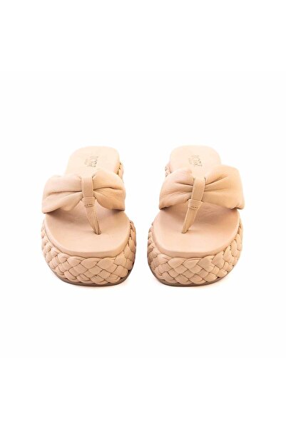 Rouge Women's 5cm Rubber Sole Bow Detailed Platform Beige Flip Flops 4024