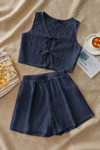 Know Women's Navy Blue Ribbed Shorts Tie-Up Suit