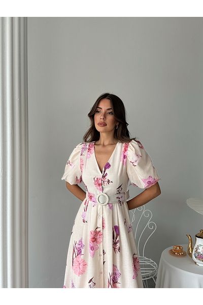 Ayinsu Floral Pattern Balloon Sleeve V Neck Midi Dress
