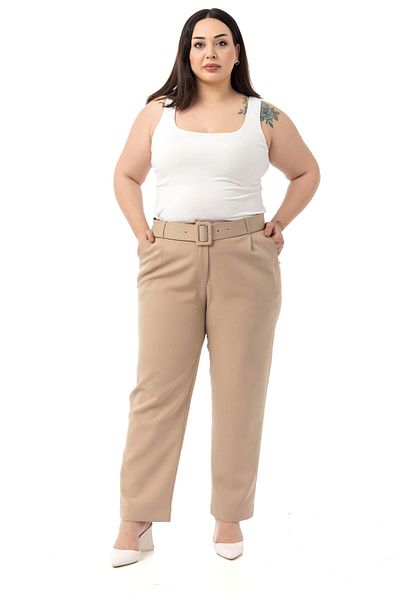 DISENTIS MODEST Plus Size Front Pleated Pocket Belted Mink Trousers