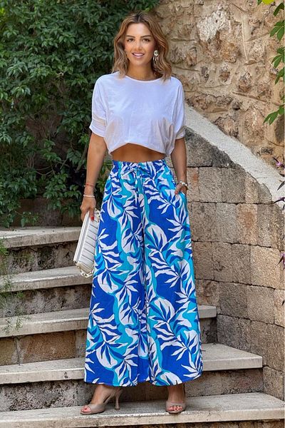 Nevin Kaya Moda Italian Blue Leaf Patterned 100% Cotton Viscose Trousers